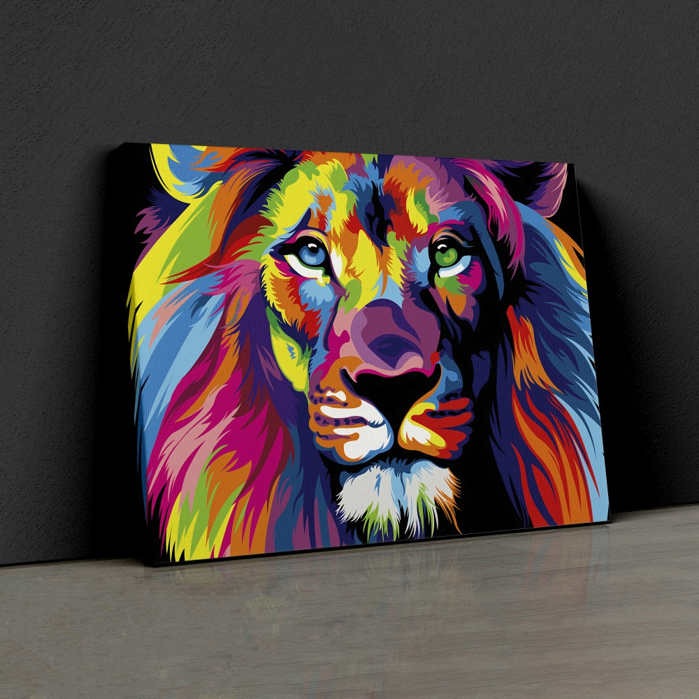 Lienzo de un león de colores sobre fondo negro