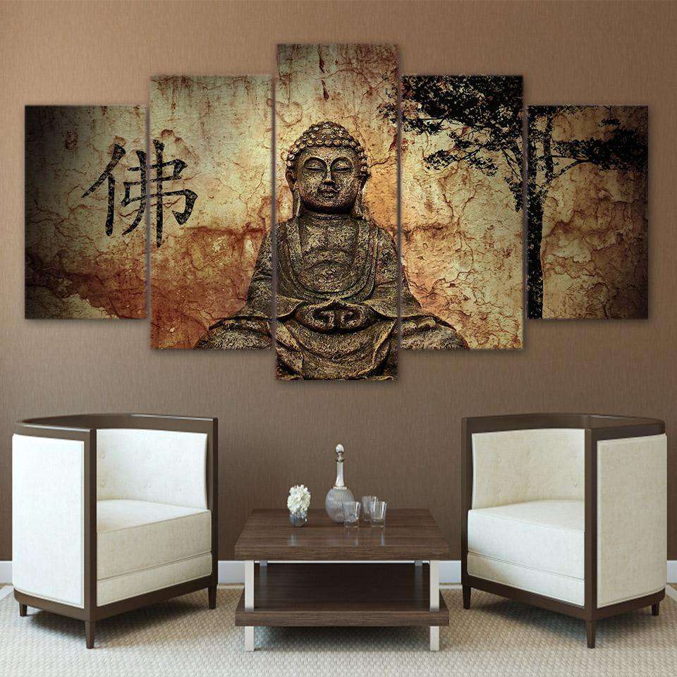 Lienzo de 5 piezas con un Buda zen para decorar según el feng shui