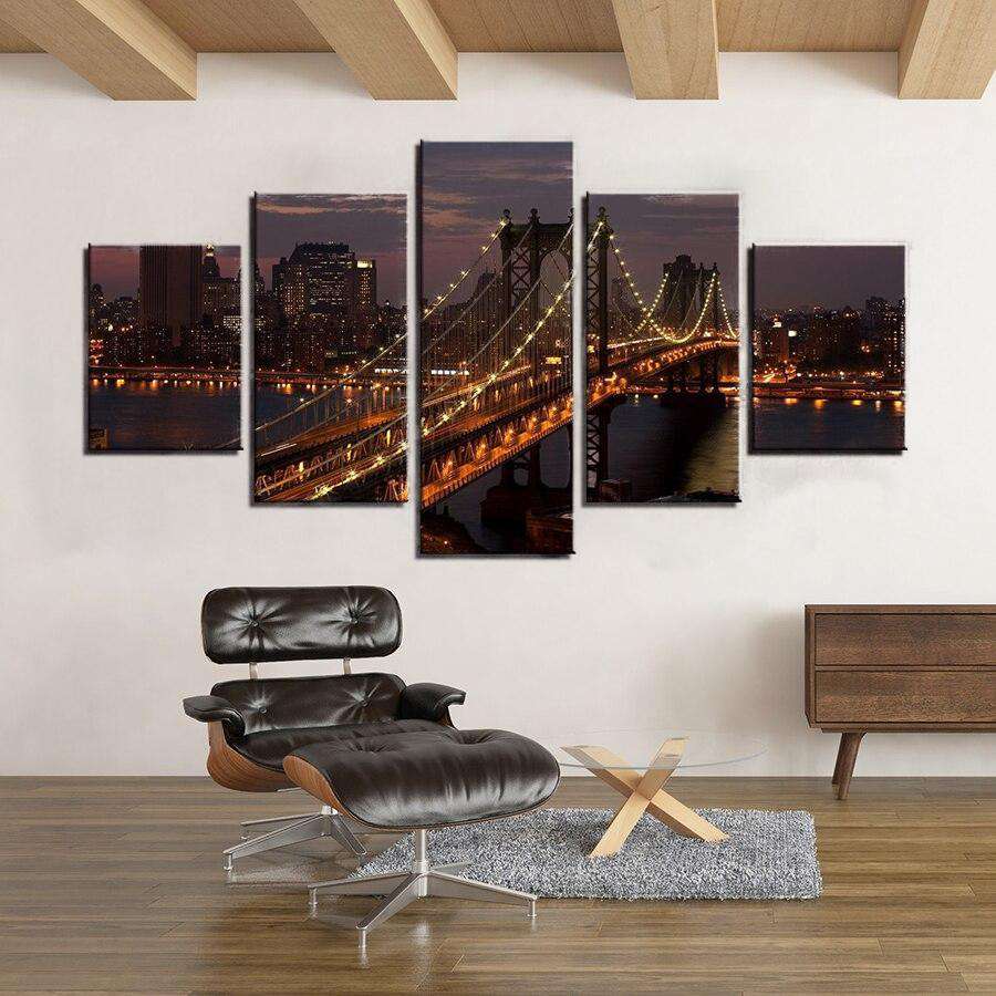 Lienzo de 5 piezas con un puente de Nueva York iluminado de noche